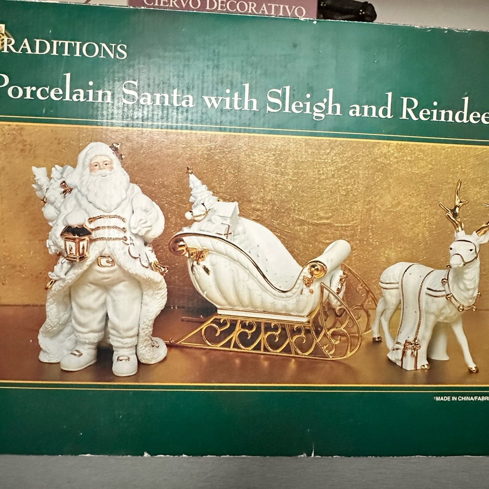 Traditions White Porcelain Santa With Sleigh and Reindeer Christmas Centerpiece